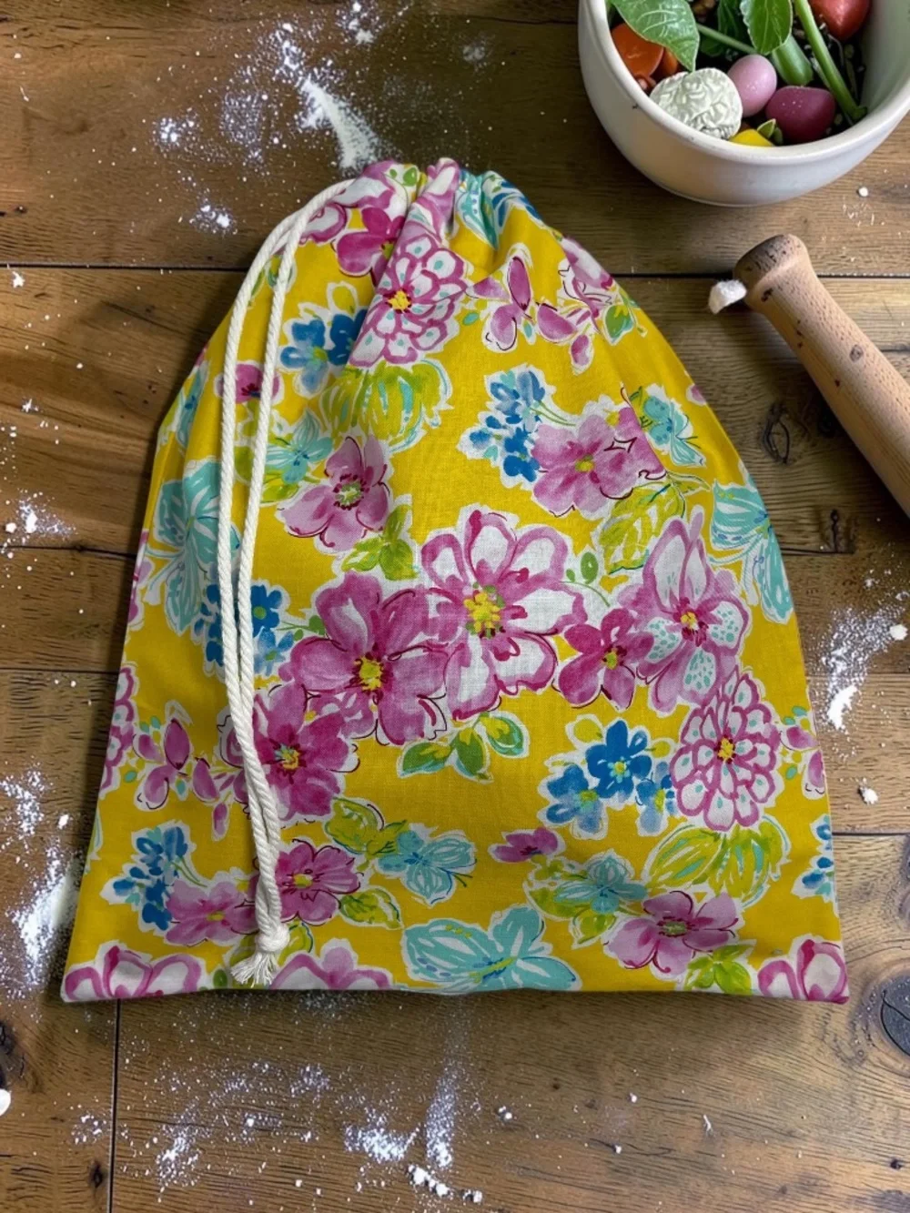 Floral Yellow Flower Bread Bag, Organic Reusable Cotton Sourdough Bread Bag